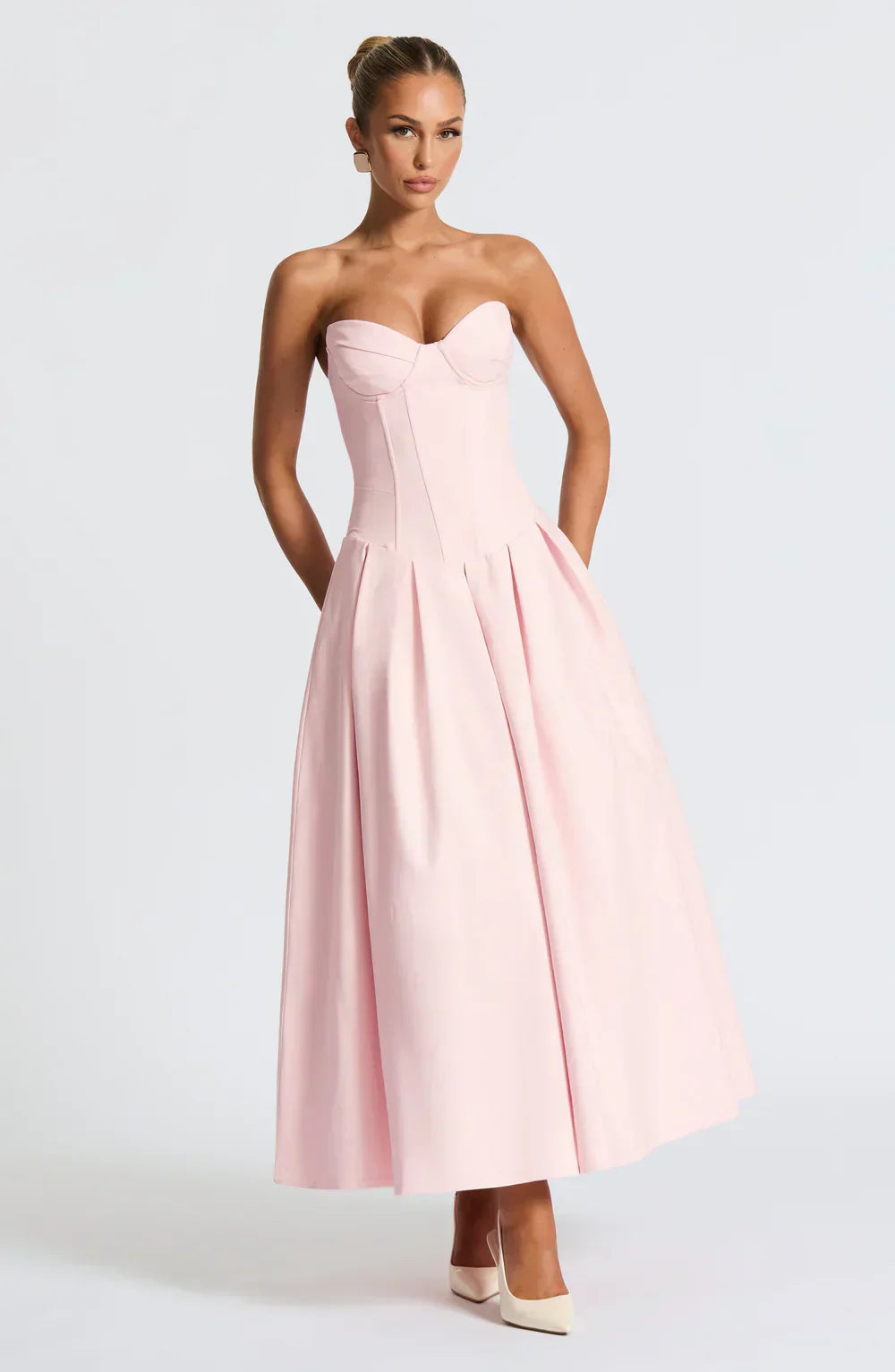Pink Strapless Midi Dress with Pleated Skirt