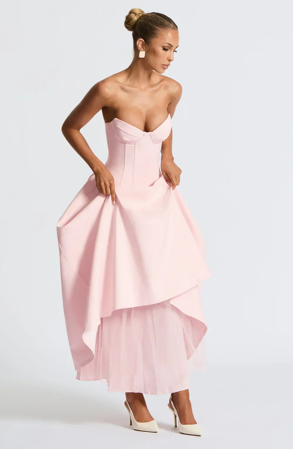 Pink Strapless Midi Dress with Pleated Skirt
