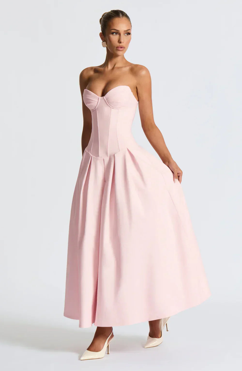 Pink Strapless Midi Dress with Pleated Skirt