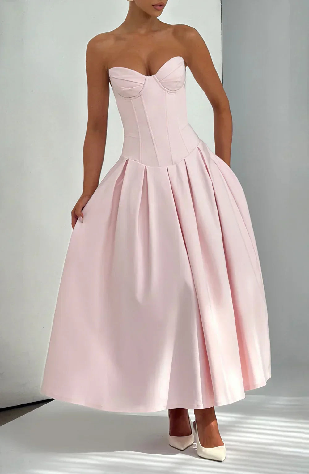 Pink Strapless Midi Dress with Pleated Skirt