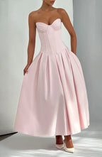Pink Strapless Midi Dress with Pleated Skirt