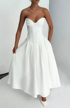 White Strapless Midi Dress with Pleated Skirt