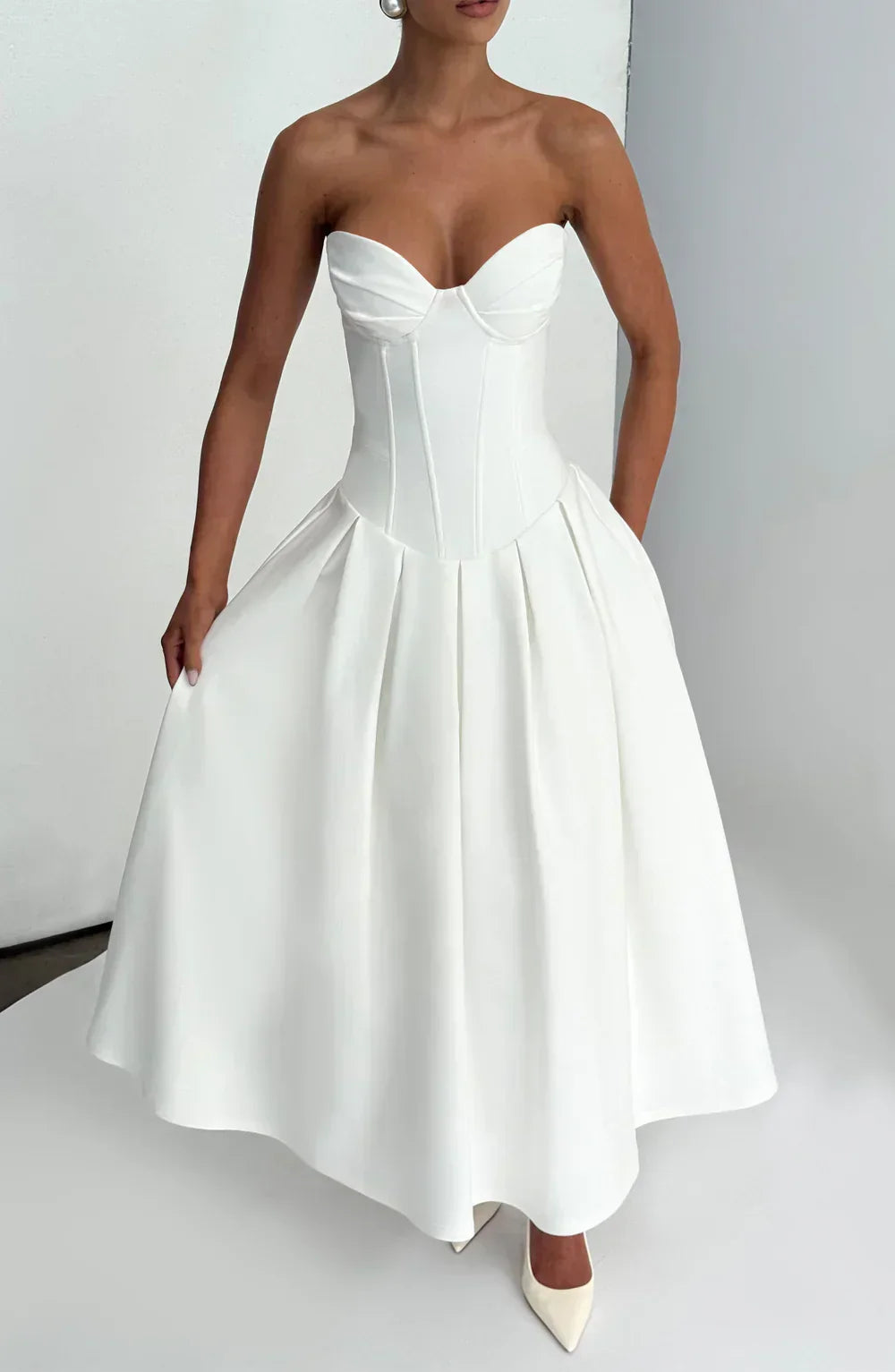 White Strapless Midi Dress with Pleated Skirt