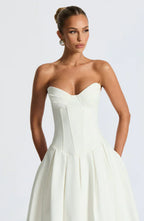 White Strapless Midi Dress with Pleated Skirt
