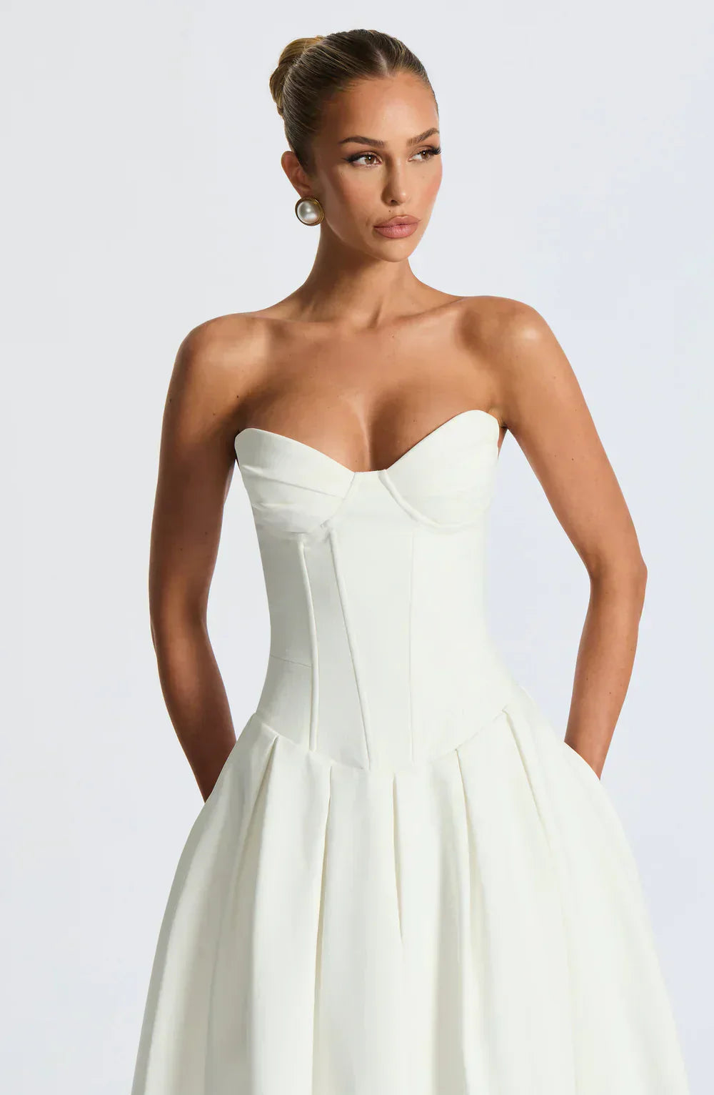 White Strapless Midi Dress with Pleated Skirt