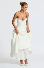 White Strapless Midi Dress with Pleated Skirt