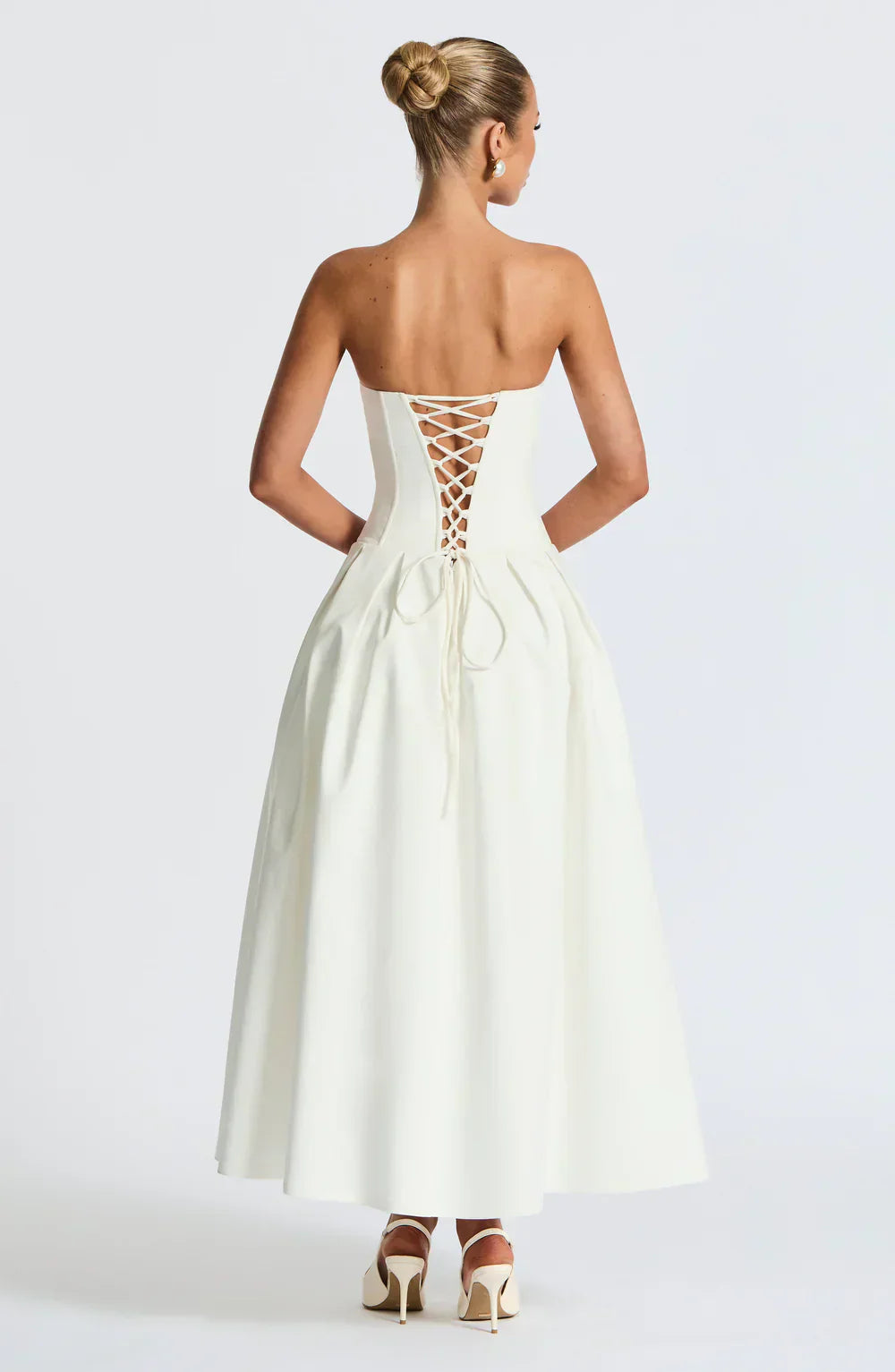 White Strapless Midi Dress with Pleated Skirt