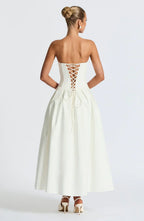 White Strapless Midi Dress with Pleated Skirt
