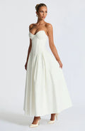 White Strapless Midi Dress with Pleated Skirt