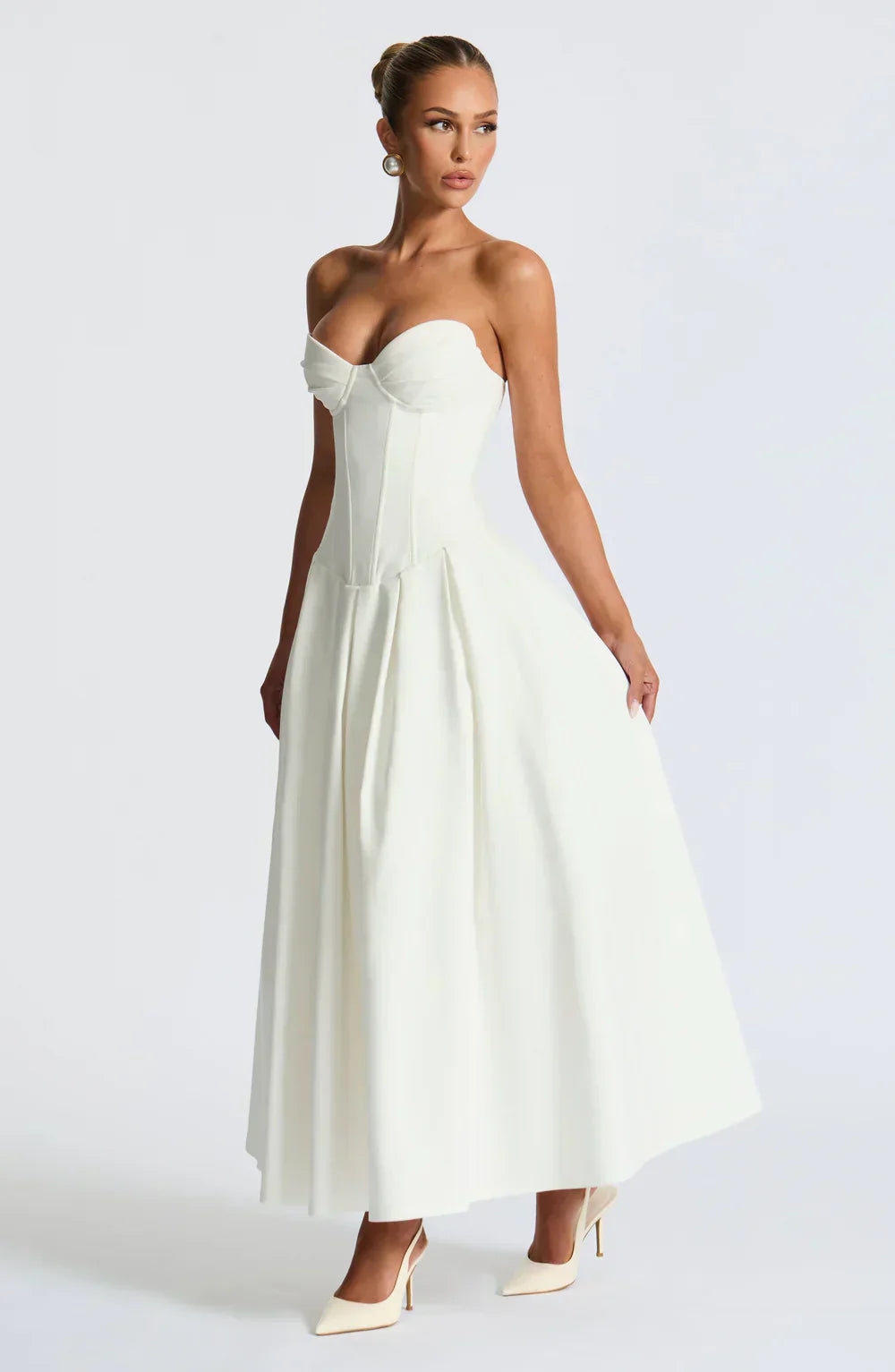 White Strapless Midi Dress with Pleated Skirt