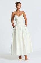 White Strapless Midi Dress with Pleated Skirt
