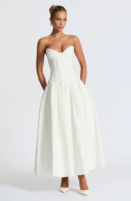 White Strapless Midi Dress with Pleated Skirt