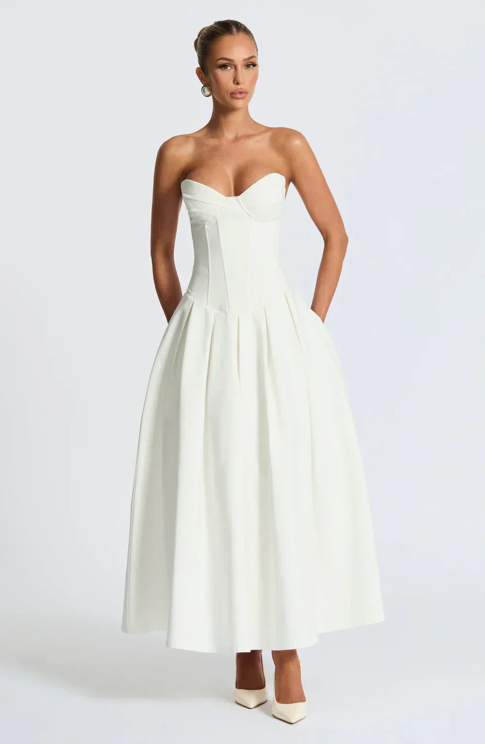 White Strapless Midi Dress with Pleated Skirt