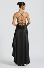 Black Satin Maxi Dress with Ruffle Hem and Open Back