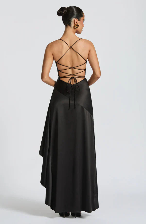 Black Satin Maxi Dress with Ruffle Hem and Open Back