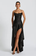 Black Satin Maxi Dress with Ruffle Hem and Open Back