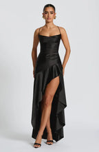 Black Satin Maxi Dress with Ruffle Hem and Open Back