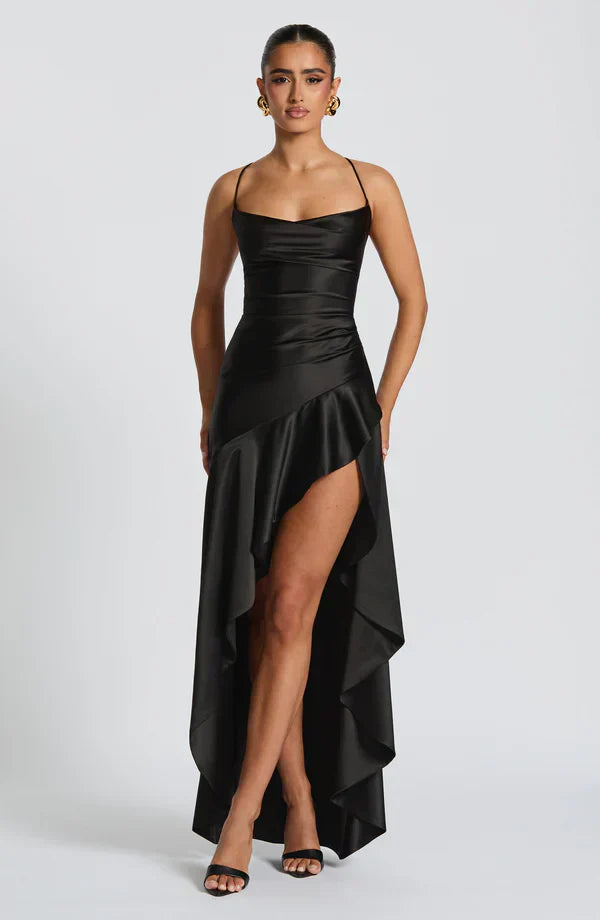 Black Satin Maxi Dress with Ruffle Hem and Open Back