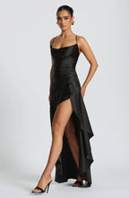 Black Satin Maxi Dress with Ruffle Hem and Open Back