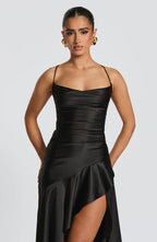 Black Satin Maxi Dress with Ruffle Hem and Open Back