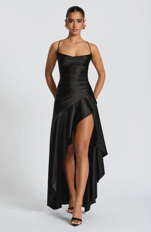 Black Satin Maxi Dress with Ruffle Hem and Open Back