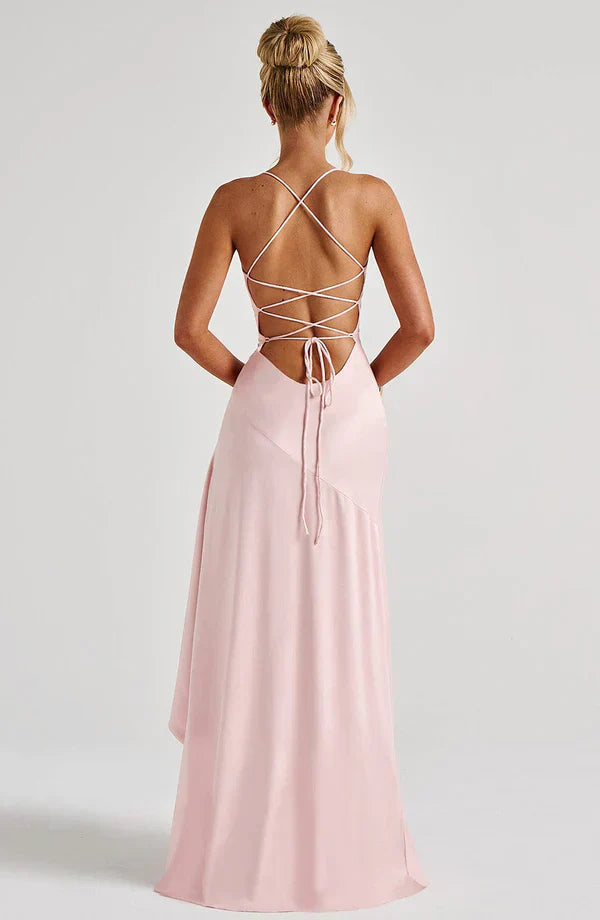 Pink Satin Maxi Dress with Ruffle Hem and Open Back