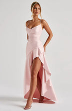 Pink Satin Maxi Dress with Ruffle Hem and Open Back