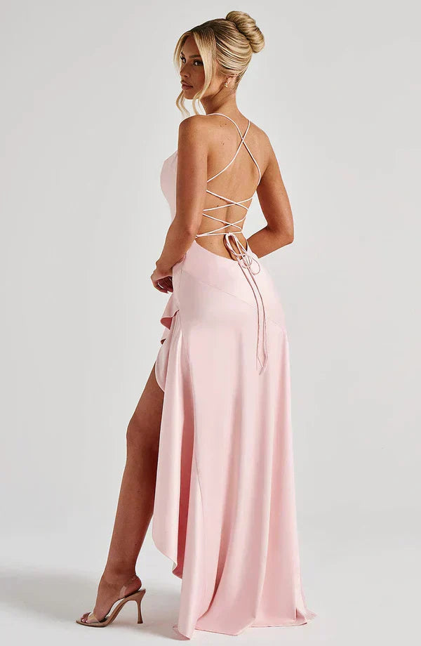 Pink Satin Maxi Dress with Ruffle Hem and Open Back