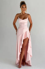 Pink Satin Maxi Dress with Ruffle Hem and Open Back