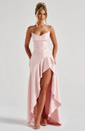 Pink Satin Maxi Dress with Ruffle Hem and Open Back
