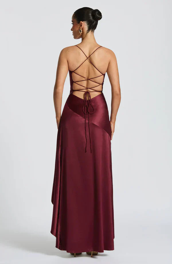 Red Satin Maxi Dress with Ruffle Hem and Open Back