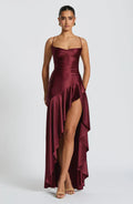 Red Satin Maxi Dress with Ruffle Hem and Open Back