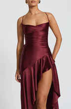Red Satin Maxi Dress with Ruffle Hem and Open Back