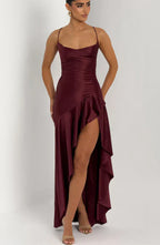Red Satin Maxi Dress with Ruffle Hem and Open Back