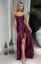Red Satin Maxi Dress with Ruffle Hem and Open Back