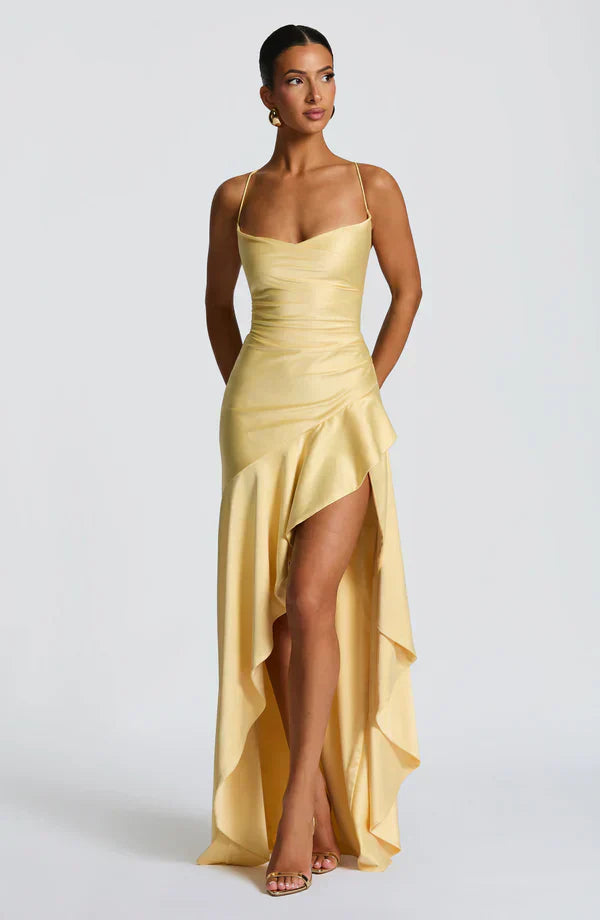 Yellow Satin Maxi Dress with Ruffle Hem and Open Back