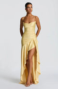 Yellow Satin Maxi Dress with Ruffle Hem and Open Back