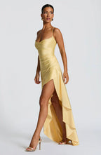 Yellow Satin Maxi Dress with Ruffle Hem and Open Back