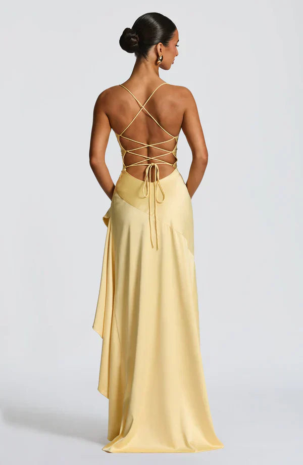 Yellow Satin Maxi Dress with Ruffle Hem and Open Back