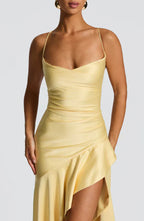 Yellow Satin Maxi Dress with Ruffle Hem and Open Back