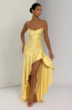 Yellow Satin Maxi Dress with Ruffle Hem and Open Back