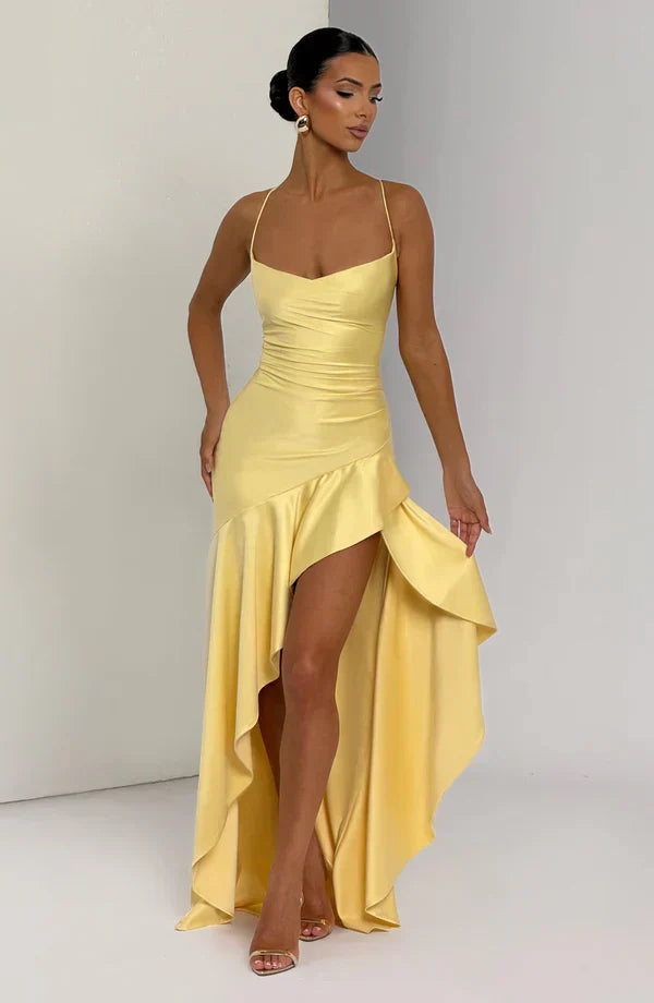 Yellow Satin Maxi Dress with Ruffle Hem and Open Back
