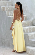 Yellow Satin Maxi Dress with Ruffle Hem and Open Back