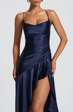 Navy Satin Maxi Dress with Ruffle Hem and Open Back
