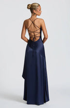 Navy Satin Maxi Dress with Ruffle Hem and Open Back