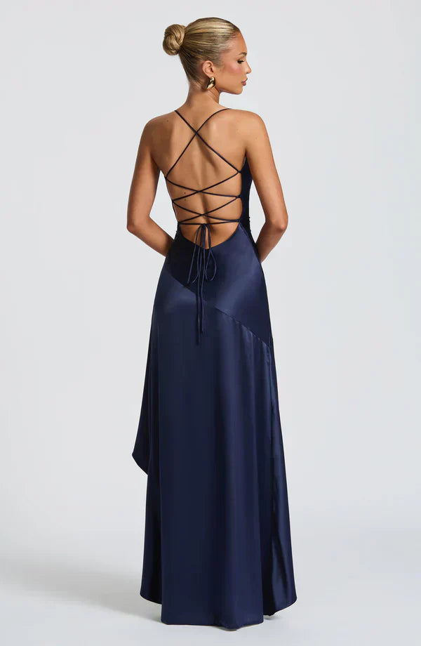 Navy Satin Maxi Dress with Ruffle Hem and Open Back