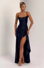 Navy Satin Maxi Dress with Ruffle Hem and Open Back