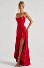 Red Satin Maxi Dress with Ruffle Hem and Open Back