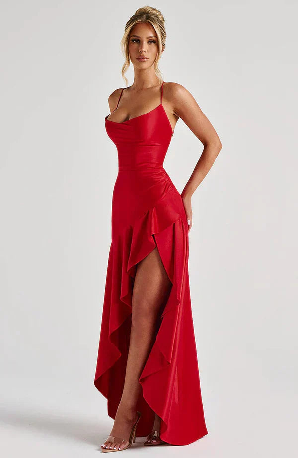 Red Satin Maxi Dress with Ruffle Hem and Open Back