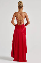 Red Satin Maxi Dress with Ruffle Hem and Open Back